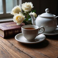 Elegant White Porcelain Tea Set with Open Book and White Roses on a Wooden Table