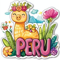 Fototapeta premium Cute llama representing peru surrounded by flowers