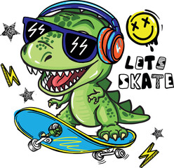  dinosaur on skateboard. Typography print for kids  . Original design with t-rex, dinosaur. print for T-shirts, textiles, wrapping paper, web. 