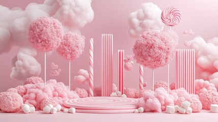 A dreamlike candy world with swirled pink and white trees, marshmallow mounds, and vibrant candy cane pillars stretching into a bright, sugar-sweet sky.
