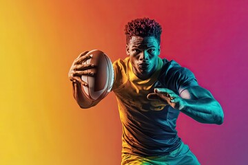 African American Rugby Player Holding a Ball Against a Gradient Background