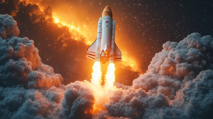 Fototapeta premium A rocket soaring high above the earths atmosphere through fluffy clouds. Concept Space Exploration.