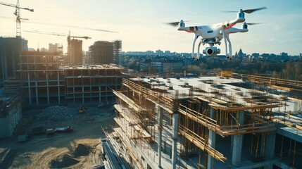 Fototapeta premium Modern construction site with innovative technology like drones and 3D printing, representing future building trends.