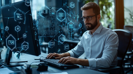 A modern office scene showcasing a cybersecurity expert working on a computer, surrounded by digital encryption codes and data protection symbols, emphasizing the importance of saf