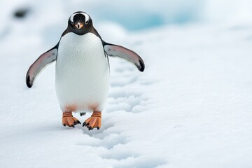 A solitary Gentoo penguin steps confidently across the vast Antarctic snowfield, leaving a trail of distinct footprints while exhibiting elegant survival adaptations.