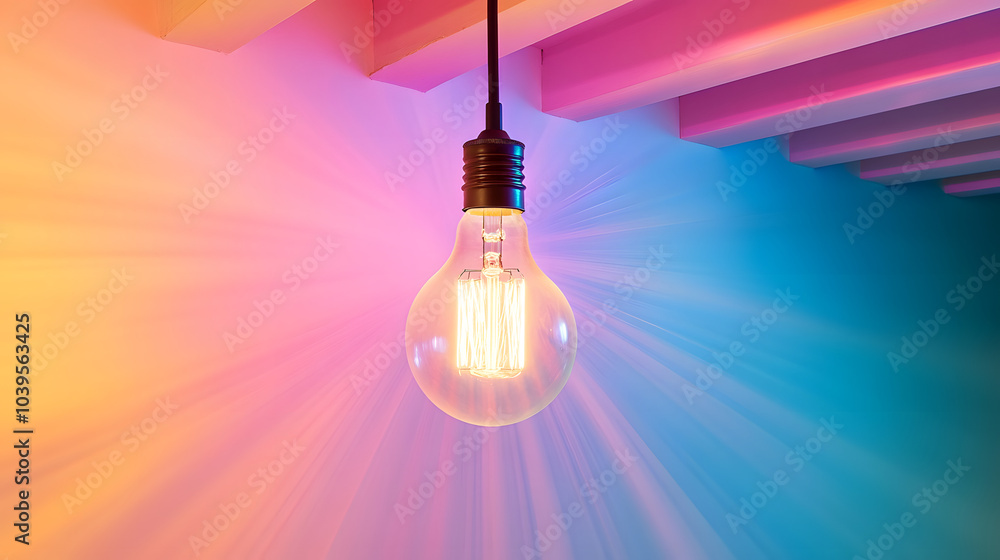 Poster a glowing light bulb hangs from a ceiling, casting colorful rays on a soft background, creating a wa