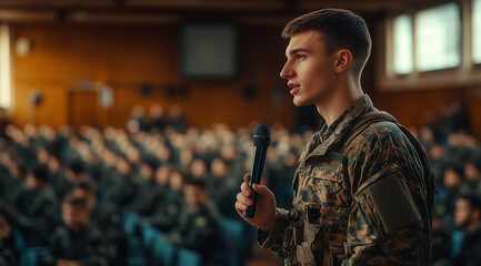 A handsome young man in a camouflage uniform giving an inspiring speech to military school students with a microphone in a school hall, with copy space for text. An ultra-realistic