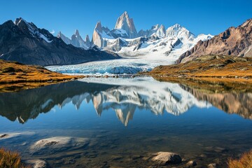 Fototapeta premium A glistening glacier is framed against striking rugged mountains, showcasing nature's powerful beauty and the dramatic effects of diverse terrains.