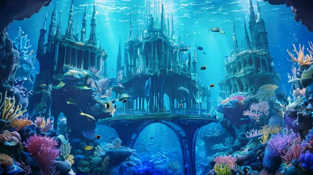 Deep-Sea Fantasy World: Imagine a bustling underwater kingdom in the depths of the ocean, with coral-covered castles, bioluminescent sea creatures, and merfolk swimming through a surreal, otherworldly