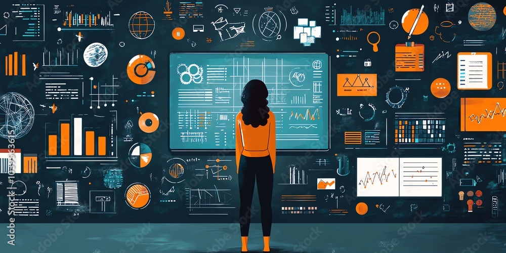 Poster woman standing in front of a whiteboard with data visualization charts and graphs.