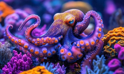 A vibrant purple and orange octopus with large, round eyes rests on a bed of colorful coral.