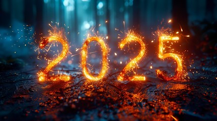 A dazzling golden "2025" crafted from sparklers or fireworks, set against a magical New Year’s forest backdrop. ideal for New Year's celebrations, invitations, and party decorations.
