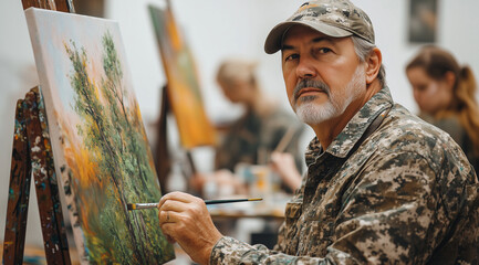 A middle-aged man in camouflage and a cap is painting on an easel, with other artists working behind him at the art class.War veteran draws during psychological therapy courses 