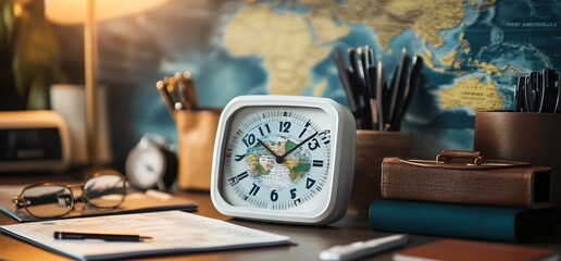 A white analog clock with a world map face sits on a desk with various office supplies, including a pen, glasses, and a world map on the wall.