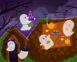 The cute ghosts had a picnic on the roof in the middle of the night. Cartoon illustration for Halloween. The picture can be used for puzzles.