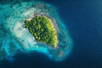 This aerial image captures a lush green island enveloped by vibrant turquoise water, showcasing an idyllic, tranquil paradise amidst a vast, deep blue ocean.