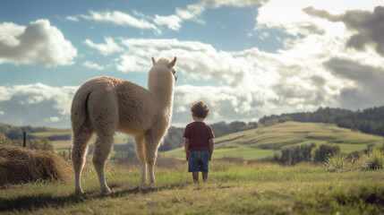 Young boy standing beside a gentle alpaca in a serene countryside setting