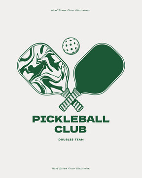 Pickleball club logo featuring a pair of crossed paddles, one with a marbled design and the other solid, along with a pickleball, symbolizing team spirit and the sport of doubles. Template logo.