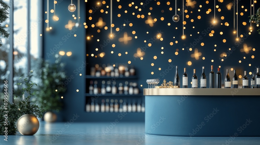 Poster a bar with a blue counter and a christmas tree in the background