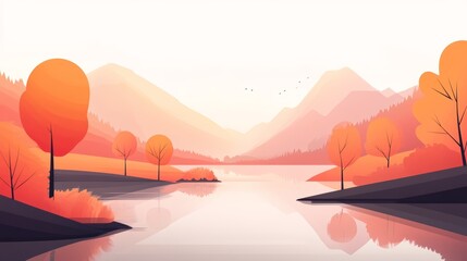 Minimalist Illustration of Serene Autumn Landscape with a Tranquil Lake
