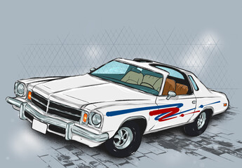 Classic vintage fast car made in cartoon style white on abstract background