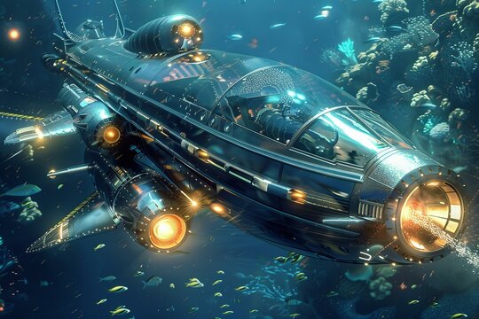 Futuristic submarine exploring a coral reef with a pilot at the helm