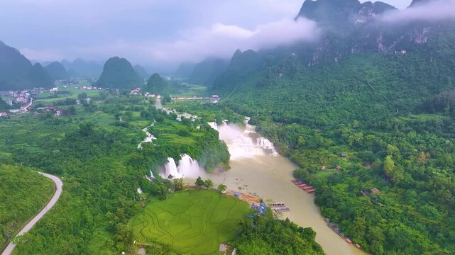 Aerial view of Ban Gioc Detian waterfall in Vietnam China border. The most beautiful and largest waterfall in Southeast Asia.