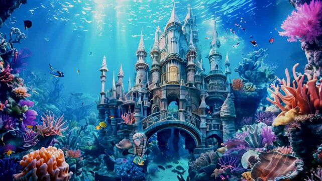 Underwater Fantasy Kingdom: A vibrant underwater world with colorful coral reefs, shimmering castles made of seashells and pearls, and mythical sea creatures like mermaids and giant squids swimming th