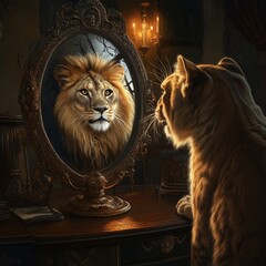 Fluffy kitten looking at a round mirror on a desk, surprised to see a fierce male lion staring back