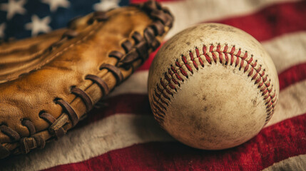 Classic Aged Baseball on Vintage American Flag Background