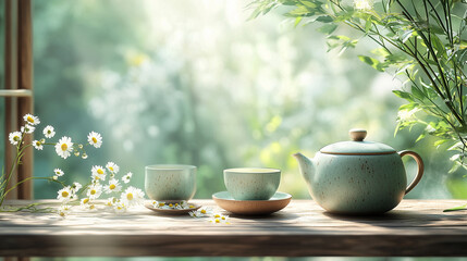 Fototapeta premium Loose leaf tea and chamomile, Rustic ceramic teapot and cups on weathered wooden surface.
