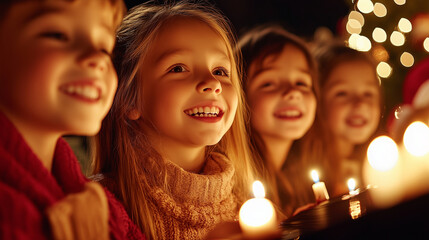 Family Singing Carols Around Piano with Candles and Decorations