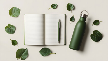 Minimalist Green Workspace with Open Notebook, Pen, Eco-Friendly Water Bottle, and green Leaves