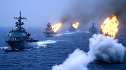 Fototapeta premium Naval vessels engage in combat, launching missiles amidst smoke and flames, showcasing military strength on a stormy ocean.