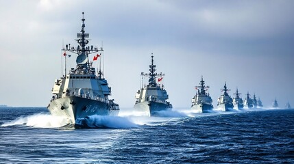 A formation of naval warships sailing through the ocean under cloudy skies, showcasing military strength and coordination.