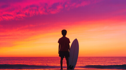 Lone Teenager at Sunset with Surfboard