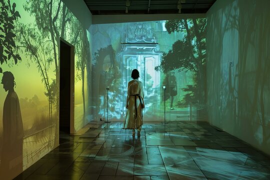 Woman walking through immersive art installation experiencing modern digital exhibition