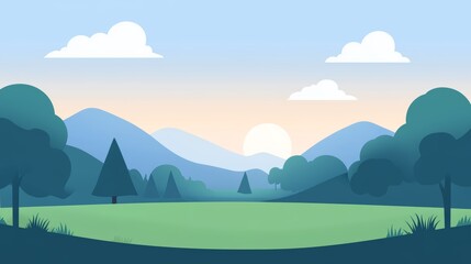 Fototapeta premium Flat Illustration of Sunrise Over a Lush Green Meadow and Mountain Range