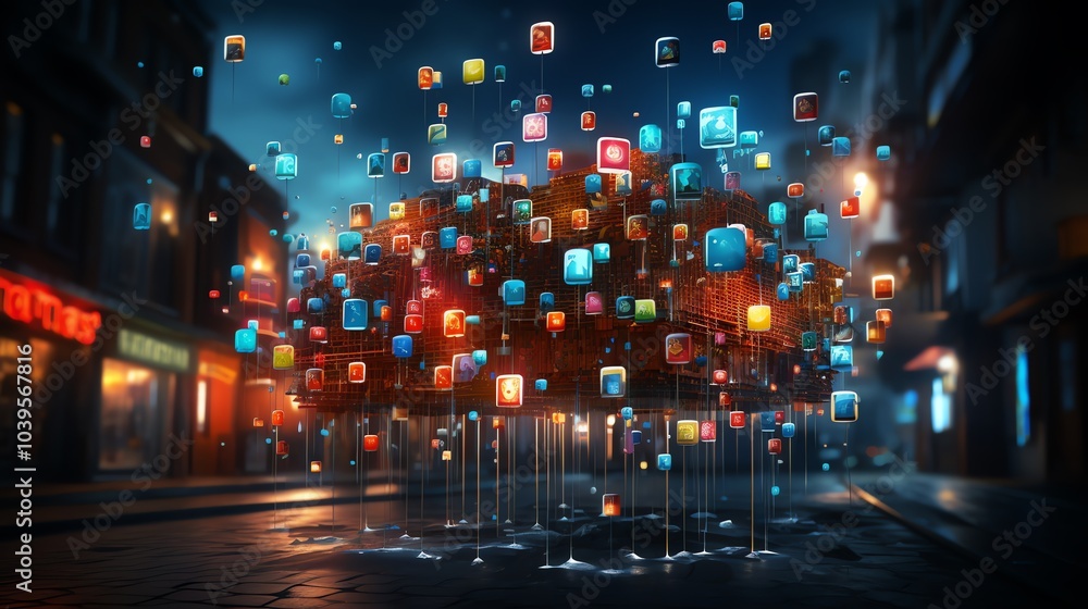 Poster a 3d rendering of colorful app icons floating in a night cityscape.