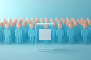 Transparent box in front of crowd of blue figures, symbolizing choice and voting, on blue background.