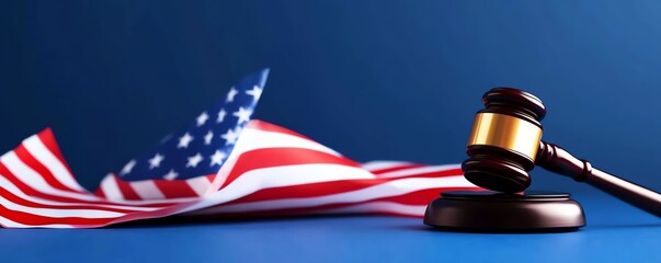 Wooden gavel on American flag with blue background, symbolizing justice and democracy.