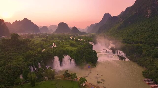 Aerial view of Ban Gioc Detian waterfall in Vietnam China border. The most beautiful and largest waterfall in Southeast Asia.