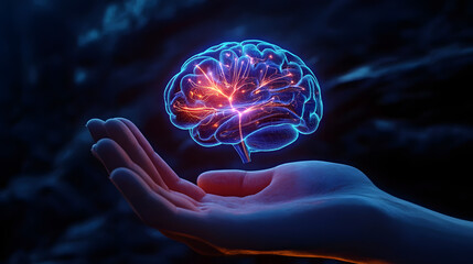 Obraz premium A digital illustration showing a glowing brain held in a hand, symbolizing intellect, innovation, and the intersection of technology and human capability.