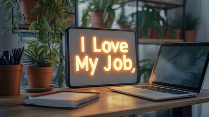 Obraz premium A cozy workspace featuring a laptop, a notebook, and a lit sign that says 
