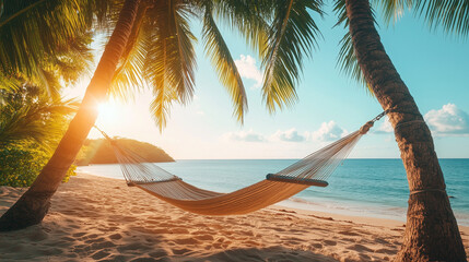 A hammock strung between two plam trees on a beach and the sun shining.
