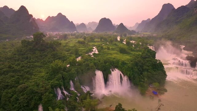 Aerial view of Ban Gioc Detian waterfall in Vietnam China border. The most beautiful and largest waterfall in Southeast Asia.