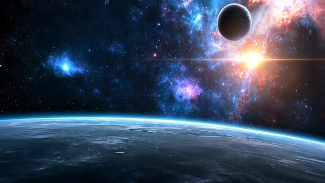 deep space with planet light glowing at horizon and cosmic cloud floating around