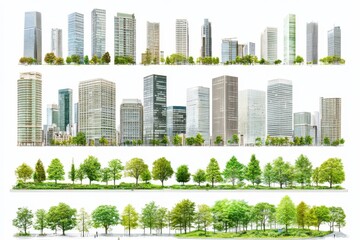 Fototapeta premium Detailed skyline of a modern city with rows of green trees symbolizing urban development sustainable cities and the integration of nature into city planning