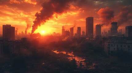 Dystopian cityscape at sunset, with smoke and decay.