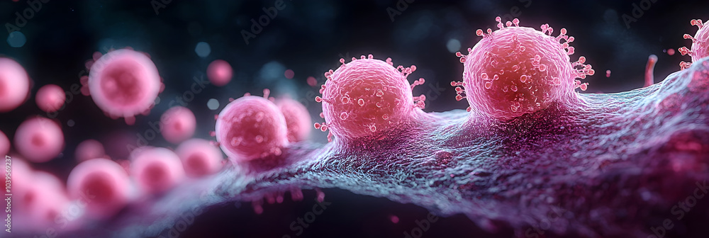 Poster Microscopic close-up view of the intricate structure and texture of coronavirus cells,causing a global pandemic and major healthcare crisis.